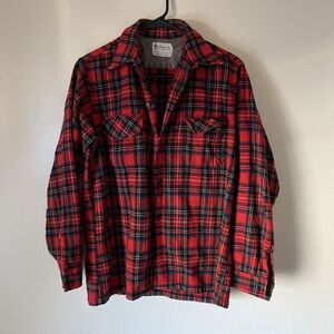 1950s Vintage Wolverine Wool Blend Washable Button Up Flannel Shirt, Red/Green-M